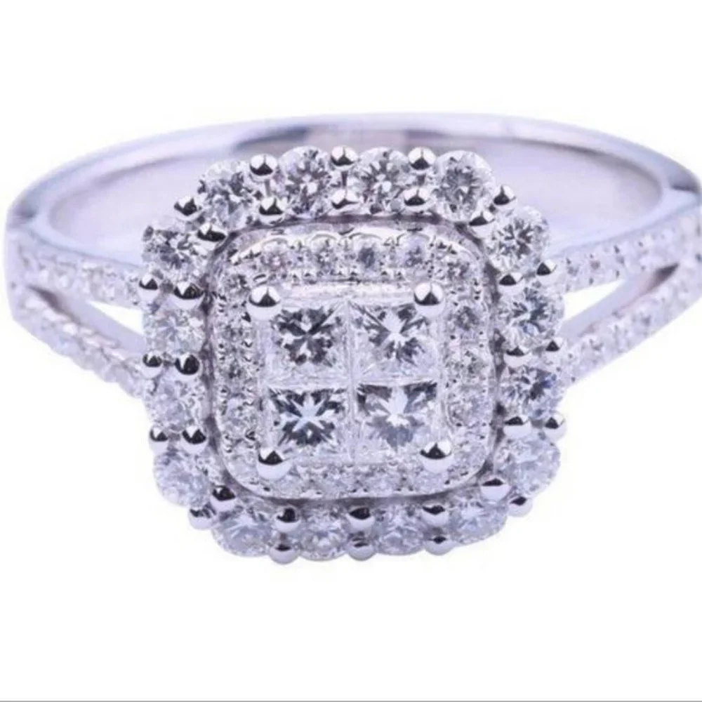 NEW 925 STERLING SILVER DIAMOND HALO SQUARE RING, CUTE RING, SHINY RING. - Picture 6 of 6
